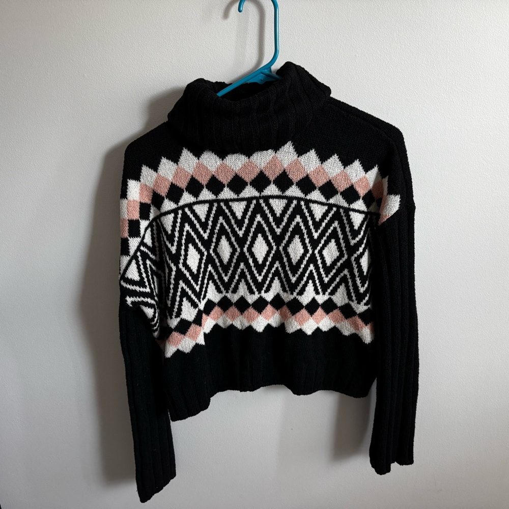 SO Black and Pink Diamond Pattern Turtleneck Sweater